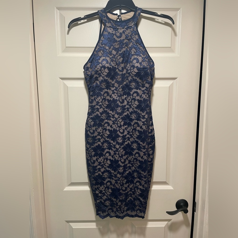 Honey and Rosie Elegant Lace Halter Dress - Blue